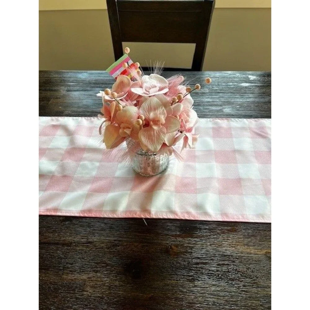 Pink and White Buffalo Checked Gingham Waterproof Table Runner 14x108 Set of 3